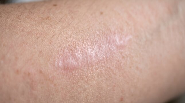 Close-up view of a healed scar on human skin, showing texture and tissue recovery.