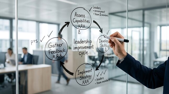 Business professional drawing a leadership improvement cycle diagram on a glass wall in the office.