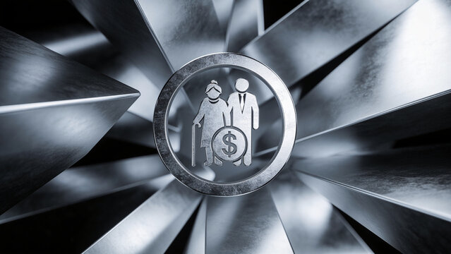 Retirement savings and financial planning concept with senior couple symbol and dollar sign on silver abstract background