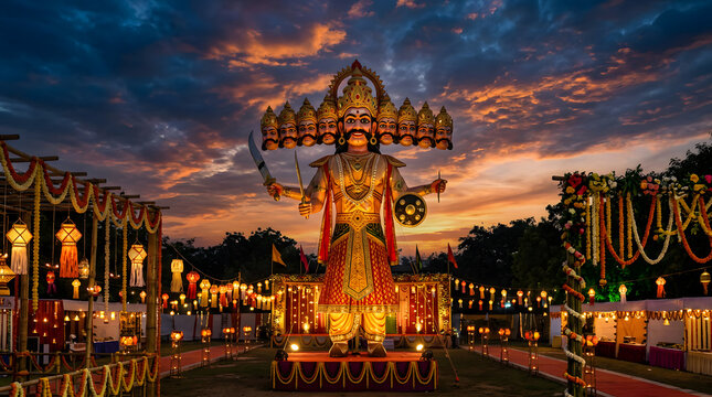 Towering Ravana effigy under dramatic evening sky.