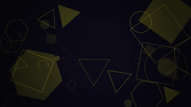 Abstract geometric shapes in gold wireframe and solid forms create a looping background with connecting lines for a tech overlay effect