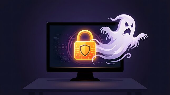 Cybersecurity concept showing a spooky ghost threatening a glowing digital lock on a monitor.