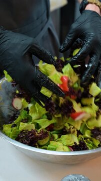 Gloved hands tossing salad in stainless steel bowl. Fresh greens and sliced vegetables are mixed inside a deep metal container.