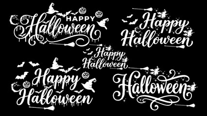 Happy halloween font typography design set with spooky elements iso on black bg. Creative white hand-lettered happy halloween typography design adorned with spooky elements. © Graphic Design