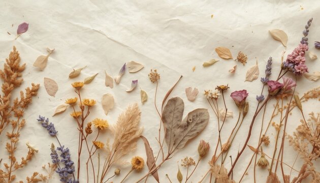 Aesthetic Flatlay of Dried Flowers and Leaves on Vintage Paper