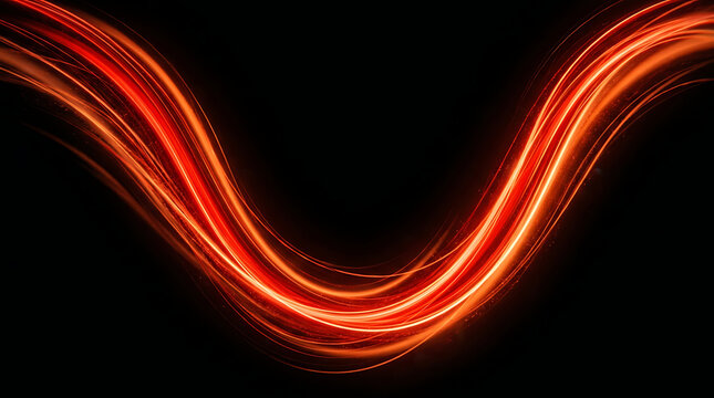 Abstract red light trails forming smooth curves and dynamic ribbons isolated on deep black background for modern technology or speed energy concept