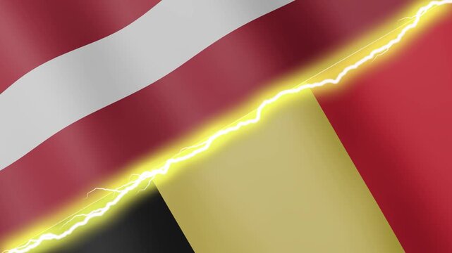 Two waving flags Latvia and Belgium with diagonal lightning seamless, 4k loop
