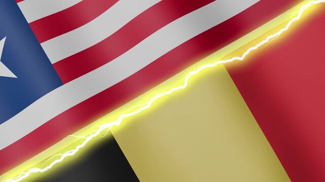 Two waving flags Liberia and Belgium with diagonal lightning seamless, 4k loop