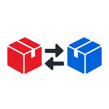 Illustrative graphic depicting a red and blue cardboard box with bidirectional arrows symbolizing exchange, delivery, or logistics
