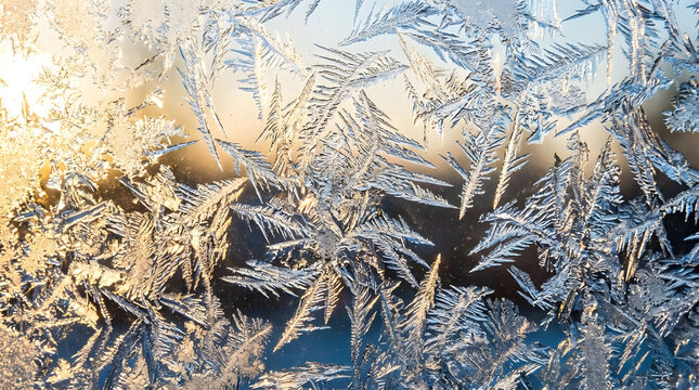 Detailed ice frost patterns on window glass.