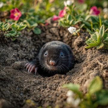 A mole has crawled out of the ground into the backyard garden bed. Mole peeking from burrow among flowers, tiny black snout and paws pushing soil under morning sunlight, close