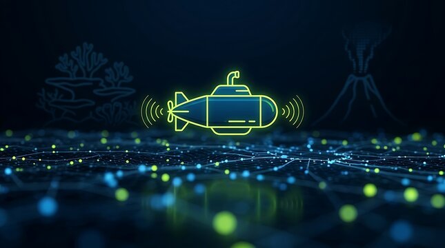 Submarine Neon Icon Illustration With Underwater Sonar Waves and Digital Ocean Floor Background