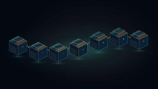 Connected blockchain cubes with flowing verification signals