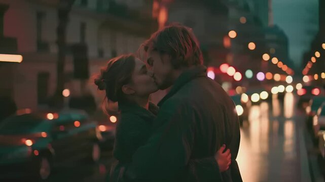 Paris, France, Europe. A romantic scene set in a city at night, illuminated by the warm glow of city lights. A man and a woman are in the foreground, sharing a tender kiss.