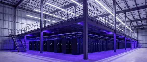 Obraz premium Modern Data Center Interior with Server Racks Under Purple Lighting and Steel Mezzanine Platform