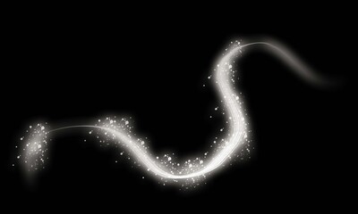 Glowing white magic trail with sparkling dust particles. Shimmering light wave on black background. Ethereal stardust swirl for fantasy design. © Aftab Ahmed