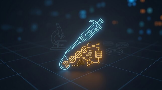 Genetic Engineering Concept With Neon DNA Helix And Pipette Icon On Dark Digital Background