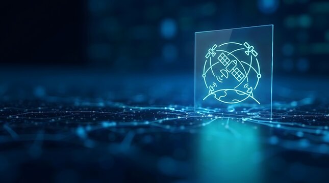 Global Satellite Communication Icon on Abstract Blue Digital Network Background with Bokeh