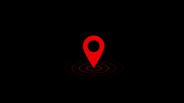 Red map location pin with pulsing radar circles animation on black background, navigation