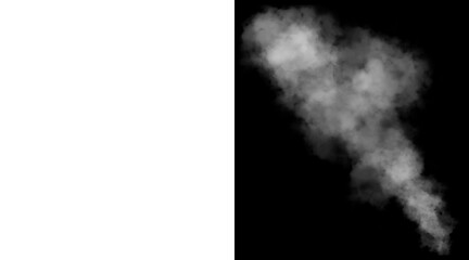 Obraz premium Atmospheric white smoke plume on black background, realistic steam and fog effect, ethereal vapor cloud for overlay and compositing