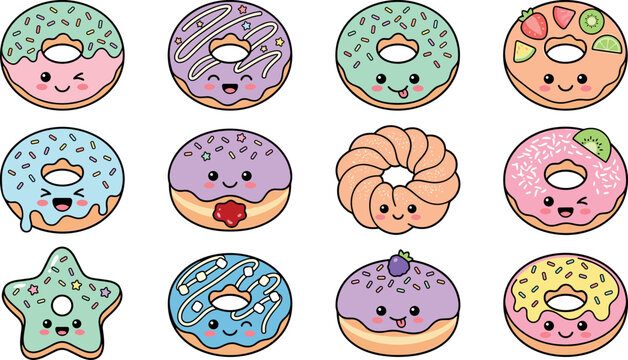 Cute kawaii donuts vector icon set featuring colorful glazed doughnuts with happy smiling faces sprinkles icing fruit toppings and star shapes.