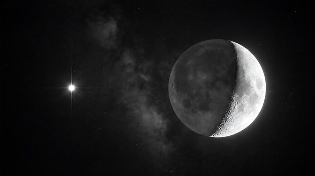 Moon Phases Illustration Depicting a Crescent Moon and a Bright Star Against a Dark, Cosmic Background. Celestial Design for Space Exploration.