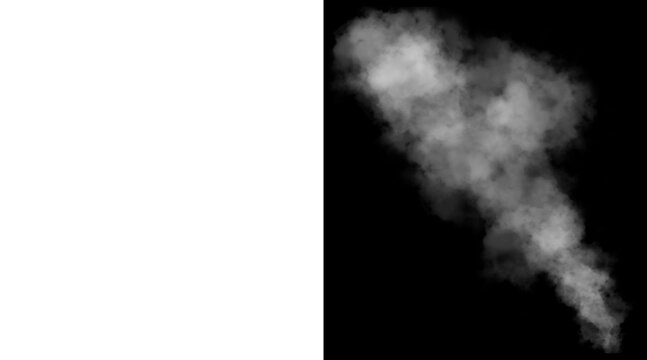 Atmospheric white smoke plume on black background, realistic steam and fog effect, ethereal vapor cloud for overlay and compositing