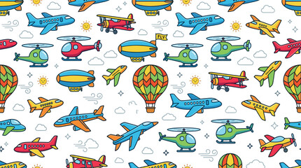 Flat cartoon aviation seamless pattern vector background featuring airplanes helicopters hot air balloons blimps and biplanes with clouds and sun © MstHura