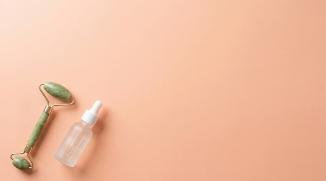 Jade facial roller and glass dropper bottle on peach background
