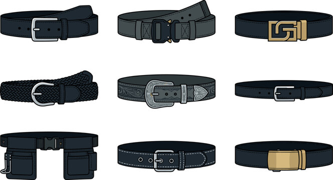 Men fashion leather belt vector illustration collection set featuring tactical braided western and classic waist belts with metal buckles on white background