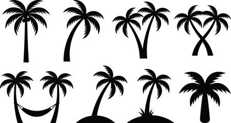 Naklejka premium Tropical palm tree silhouettes vector icon set featuring coco trees hammock island beach elements for summer vacation travel and holiday design.