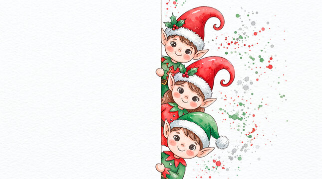 Three cute watercolor elves peeking from behind a white surface with festive splatters