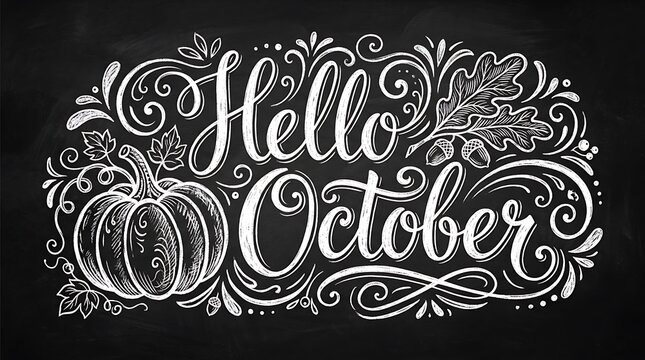 Hello october chalkboard style artistic hand drawn lettering with white ink