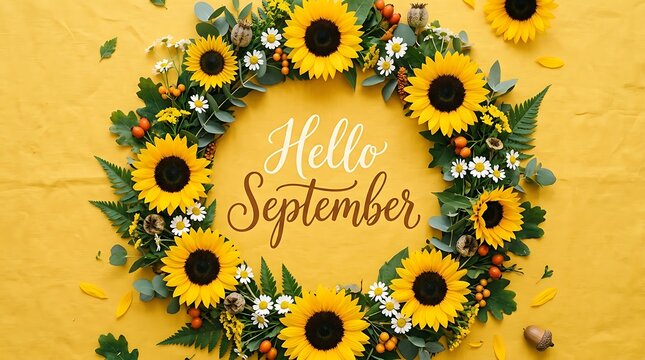 Hello september text surrounded by a yellow sunflower wreath with sunflower