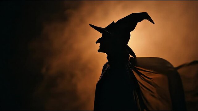 Silhouette of witch wearing pointed hat standing in motion within atmospheric golden fog lighting for magical halloween animation video production