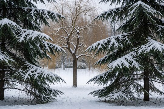 Two snow-laden cedar trees frame a bare weeping willow in a snow-covered park. Winter landscape offers quiet solitude and a stark contrast between evergreen and deciduous trees.
