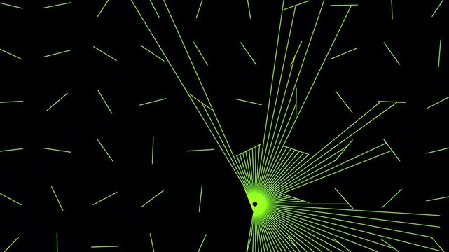 Reflection of Radial Lines in a Geometric Array.On a black background, numerous lines radiate outward from the origin point and are reflected by short lines arranged in an array.