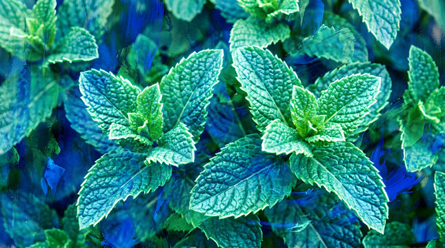 Macro photo of fresh mint leaves with blue texture | Green peppermint plant background for wellness | Artistic botanical foliage with cool tones | Refreshing herbal leaves close-up photography