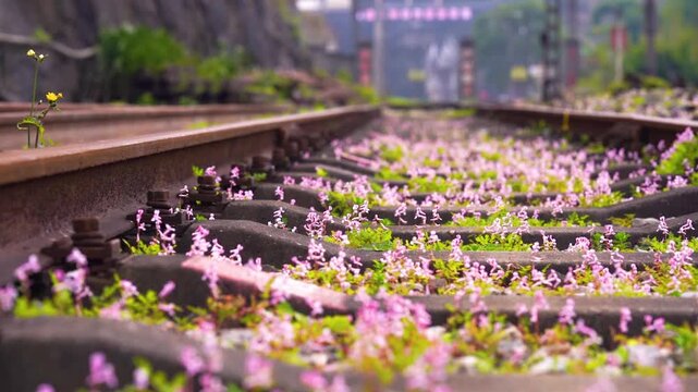 Overgrown Railway Tracks Covered in Pink Wildflowers