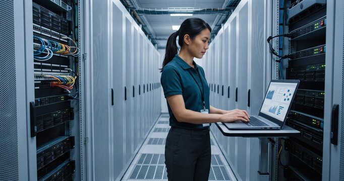 Server room monitoring, a technician works on a laptop between rows of network cabinets. Blue cables and illuminated equipment surround her in the narrow brightly lit data center aisle.