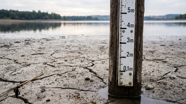 Close-up photo of wooden water level gauge on cracked ground in brown and grey representing global drought crisis [with copy space]
