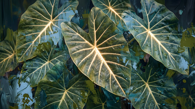Abstract tropical leaf wall art | Green elephant ear plant illustration | Modern botanical pattern with golden veins | Jungle foliage with paint splatter texture