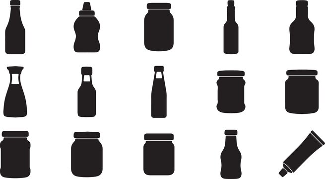 Set of flat black silhouettes of glass jars and plastic bottles for food packaging design