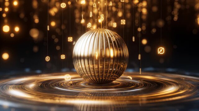 Golden sphere with glowing digital icons falling from above onto a spinning metallic surface, luminous particles and light trails. Cryptocurrency, fintech, blockchain technology.