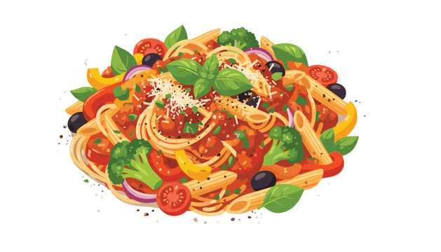 Delicious Italian Pasta Spaghetti Dish with Tomato Sauce, Basil, Olives, Peppers and Fresh Vegetables for Restaurant Menus, Food Packaging and Culinary Designs