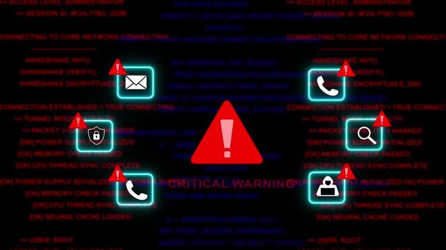 Cyber security critical warning alert with digital data breach and system error code background hacking