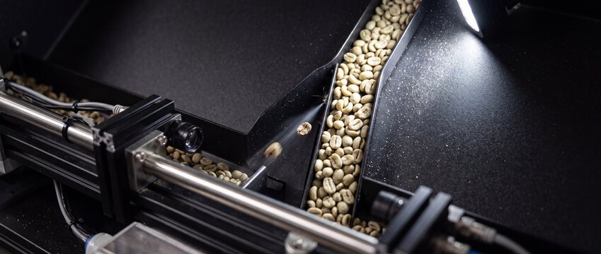 Optical sorting machine uses high speed camera and air jet system to filter green raw coffee beans for quality control in food processing manufacturing plant.