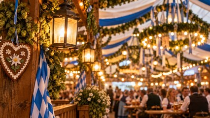 Fototapeta premium Traditional Bavarian Oktoberfest beer garden decorated with flags and lights