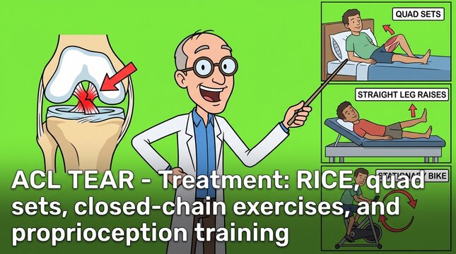 Professor explaining ACL knee injury treatment and physical therapy rehabilitation exercises