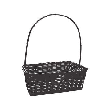 Empty woven wicker basket with a tall handle isolated on a white background